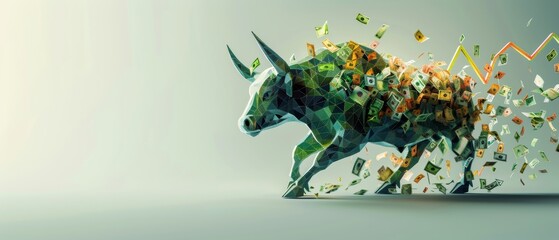 A dynamic image of a bull breaking through, with cash flow indicating a surging bull market in finances.