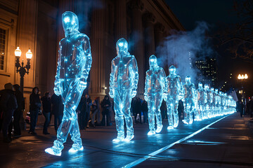 Ethereal Blue Figures in a Serene Night Procession by Historical Building
