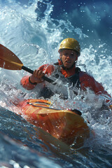 A man in a yellow helmet paddles a yellow kayak in the ocean