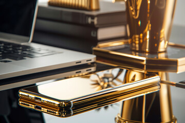 Fototapeta premium A laptop and a cell phone are on a table with a cup and a stack of books
