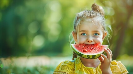 A young girl is holding a slice of watermelon and smiling, as the girl is about to take a bite of the refreshing fruit - obrazy, fototapety, plakaty