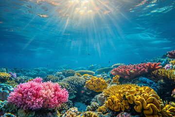 Fototapeta na wymiar A colorful coral reef with pink, yellow, and orange corals