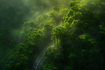 A road with trees on both sides. The road is narrow and winding. The trees are green and lush