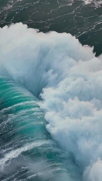 Vertical Screen. Huge wave crashing in open water of Atlantic ocean. High Quality Aerial slow motion shot of sea or ocean surf with white foam