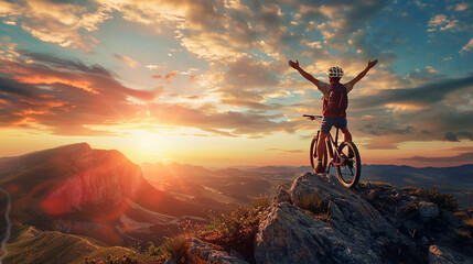 A man is riding a bike on a mountain top, with the sun setting in the background