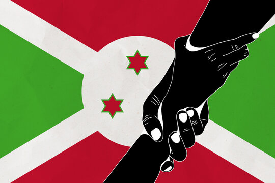 Helping hand against the Burundi flag. The concept of support. Two hands taking each other. A helping hand for those injured in the fighting, lend a hand