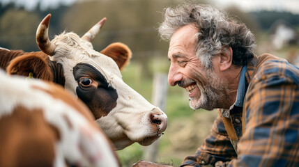 A man is smiling at a cow