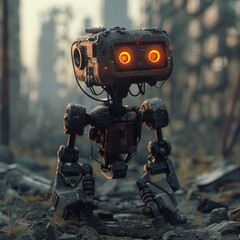 A robotic creature with glowing eyes wandering through a post-apocalyptic wasteland - obrazy, fototapety, plakaty