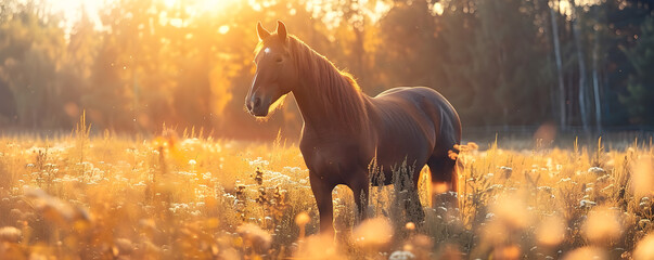Beautiful brown horse standing in high grass in sunset light. Red horse with long mane in flower field, arabian horse grazing on pasture - obrazy, fototapety, plakaty
