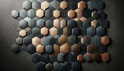 A wall featuring a pattern of hexagonal tiles with varying shades of color. The majority of the tiles is in matte black