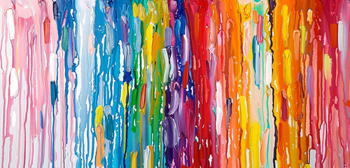 Multicolored drips of oil paint cascade down the canvas, forming an abstract and expressive composition.