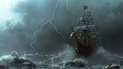 Pirate ship battling stormy seas in 3D vector