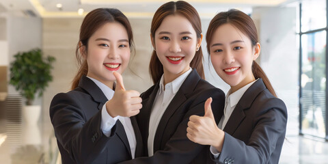 Several women wearing suits are showing approval by giving thumbs up gestures.