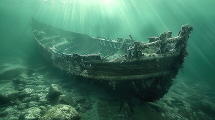 Lost to the depths, the skeletal frame of a medieval shipwreck rests in silent repose, a test - obrazy, fototapety, plakaty