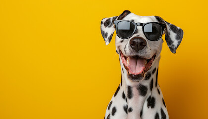 Adorable Dalmatian dog wearing black sunglasses in front of yellow background with copy space.