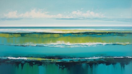 Abstract Horizon, Panoramic Vista Showcasing Turquoise and Green Layers in Water and Oil Fusion.