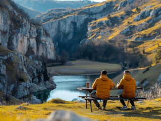 Two men sit on a bench overlooking a river. The scene is peaceful and serene, with the men enjoying the view and each other's company