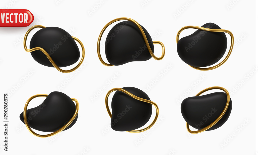 Wall mural set button banner. black button abstract liquid shapes with metallic outline rings in a circle. spee