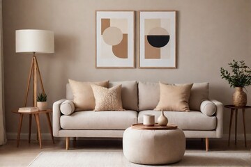 Domestic living room with a sofa, lamp, and minimal art frame with a beige color tone.