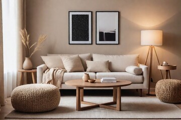 Domestic living room with a sofa, lamp, and minimal art frame with a beige color tone.