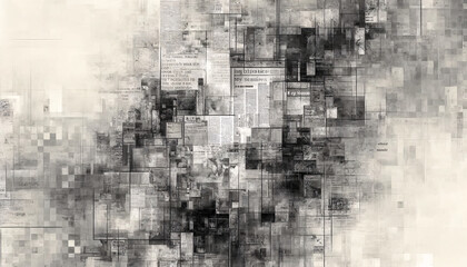 An abstract background in grayscale with a collage of newspaper clippings. The clippings layered and scattered across the canvas