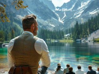 A man in a vest is looking out over a lake. The lake is surrounded by mountains and trees. The man is enjoying the view - obrazy, fototapety, plakaty