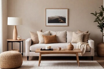 Domestic living room with a sofa, lamp, and minimal art frame with a beige color tone.
