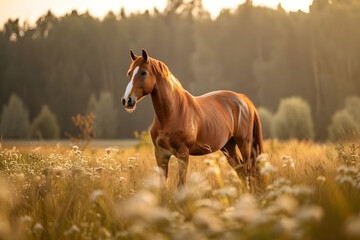 Naklejka na ściany i meble Beautiful brown horse standing in high grass in sunset light. Red horse with long mane in flower field, arabian horse grazing on pasture