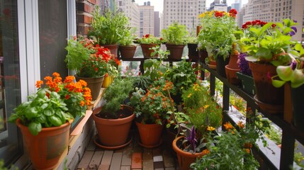 A small, lush balcony garden in a bustling urban cityscape, showcasing a variety of plants and vegetables being cultivated in compact spaces for sustainable living and self-sufficiency.