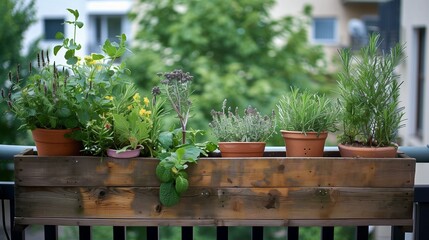 A small, lush balcony garden in a bustling urban cityscape, showcasing a variety of plants and vegetables being cultivated in compact spaces for sustainable living and self-sufficiency.