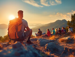 A man sits on a mountain top with a group of people around him. The sun is setting in the background, creating a warm and peaceful atmosphere. The group of people are all wearing backpacks - obrazy, fototapety, plakaty