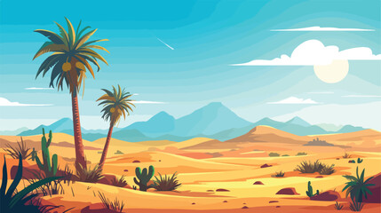 Fototapeta na wymiar Cartoon nature sand desert landscape with palms her