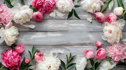 Decorative floral background, banner made of pink and white peonies flowers. Old grey wooden table background. Empty copy space. Flat lay, top view