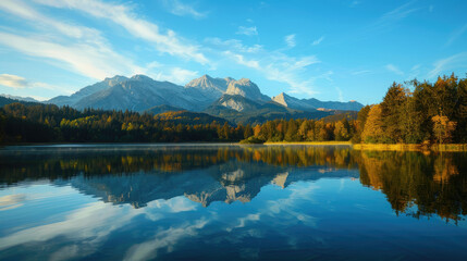 Obraz premium Majestic mountain peaks are reflected in the calm lake, surrounded by dense forests and the blue sky in a peaceful autumn at dawn
