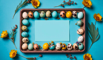 Colorful quail eggs, dried flowers and leaves for Easter holiday over turquoise blue tray with craft paper label in center with copy space. Easter greeting card or banner concept