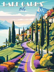 Lake Garda, Italy Travel Destination Poster in retro style. Mountains, road and lake landscape. European summer vacation, holidays concept. Vintage vector colorful illustration. - obrazy, fototapety, plakaty