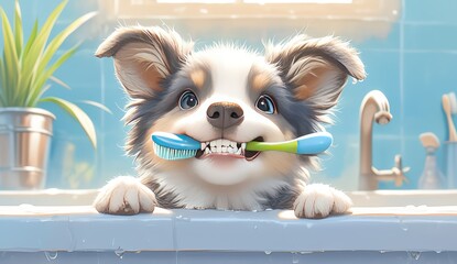 Cute dog holding a toothbrush in its mouth near a bathroom sink