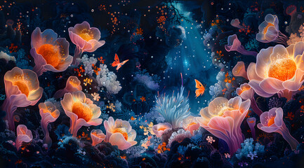 Enchanted Depths: Watercolor Panorama of Butterfly-like Creatures in Coral Reef - obrazy, fototapety, plakaty