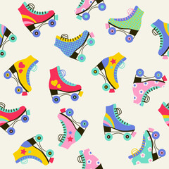 Seamless pattern with colourful retro roller skates. Vector illustration.