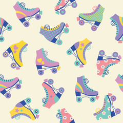 Seamless pattern with colourful retro roller skates. Vector illustration.