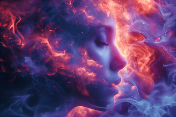 Visage de femme de profil et ondes cosmiques violettes