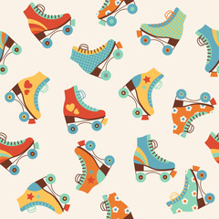 Seamless pattern with colourful retro roller skates. Vector illustration.