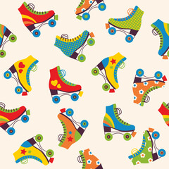 Seamless pattern with colourful retro roller skates. Vector illustration.