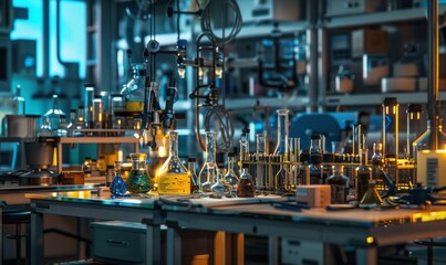 Research lab with minzurkas and glassware generated AI