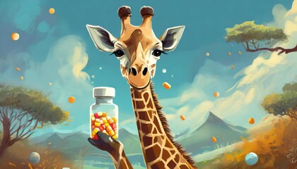 Photo of a cute giraffe in nature holding a medicine capsule in its mouth