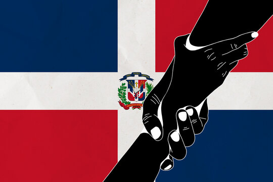 Helping hand against the Dominican Republic flag. The concept of support. Two hands taking each other. A helping hand for those injured in the fighting, lend a hand