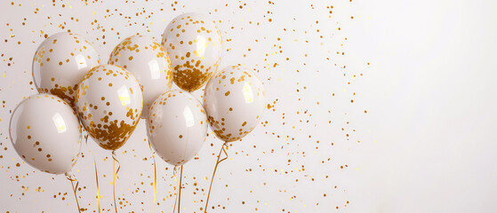 Celebrations background with glossy helium balloons, golden confetti decoration. Holidays mockup. Birthday greeting card. Generative ai