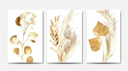 Modern set of botanical wall art. Golden foliage line art drawing with watercolor. Abstract Plant Art design for wall framed prints, canvas prints, posters, home decor, covers, wallpapers.