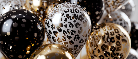 Celebrations background with glossy, helium balloons, golden confetti decoration. Leopard, polka dot print. Holidays mockup. Birthday greeting card. Generative ai