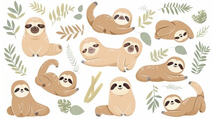 Naklejka premium This cute set of sloth moderns features several wildlife animals in different poses in flat colors. Adorable funny animals and many characters are drawn on white backgrounds to make the set even more